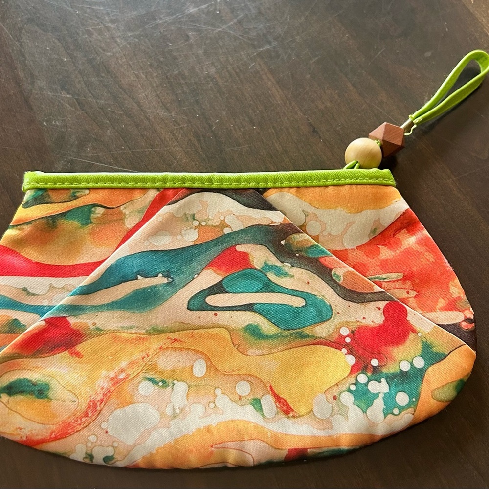 Colorful Abstract Cosmetic Clutch with Green Trim